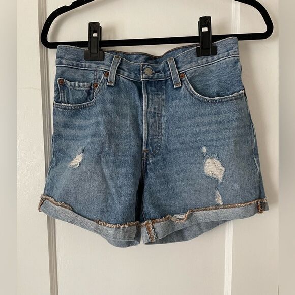 Levi's 501 High Waisted Denim Shorts Size 26 Button Fly 100% Cotton Distressed - Picture 1 of 10